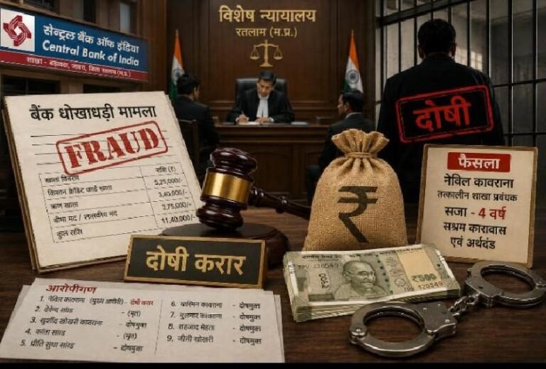 रतलाम बैंक घोटाले में बड़ा फैसला ;बड़ावदा सेंट्रल बैंक के तत्कालीन शाखा प्रबंधक नेविल कावराना को 4 साल की सजा,किसानों के खातों से रकम निकालकर रिश्तेदारों के खातों में पहुंचाई